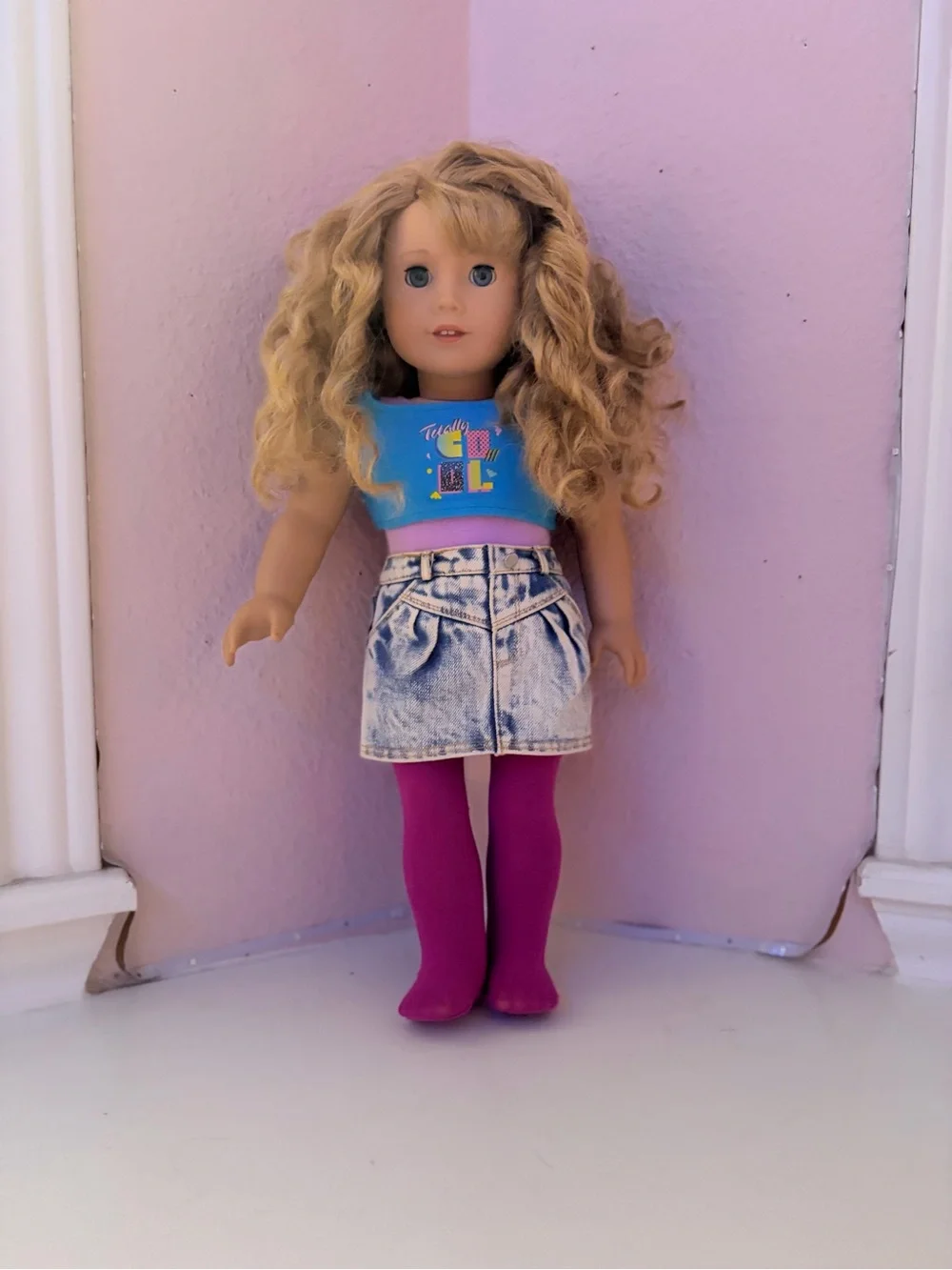 American Girl Blonde Curly Hair Doll in Blue Top and Pink Tights